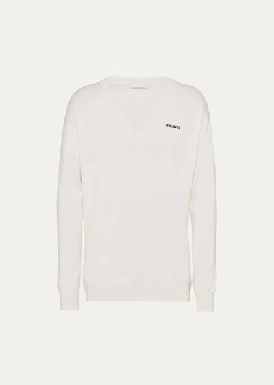 Prada Men's V-neck Cashmere Sweater In Bianco