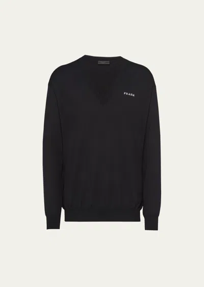 Prada Men's V-neck Cashmere Sweater In Nero
