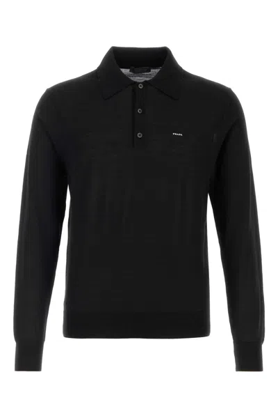 Prada Virgin Wool Polo Shirt In Black