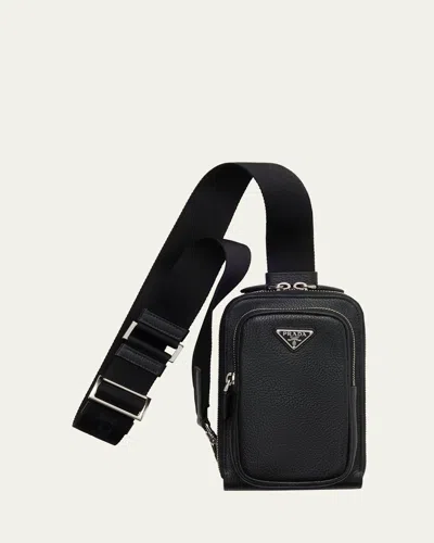 Prada Men's Vitello Daino Sling Bag In F0002 Nero
