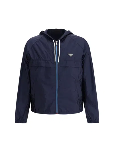 Prada Men Waterproof Hooded Jacket In Blue