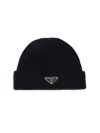 Prada Mens Blue Brand-plaque Cashmere And Wool-blend Beanie Hat In Black