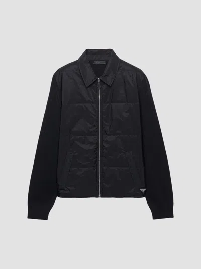 Prada Cardigan In Wool Gabardine And Re-nylon In Black