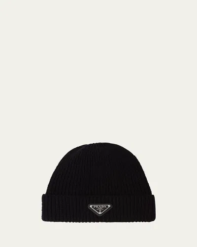 PRADA MEN'S WOOL-CASHMERE RIBBED BEANIE HAT WITH SYMBOLE