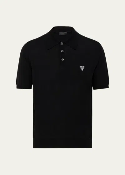 Prada Men's Wool Logo Polo In Black