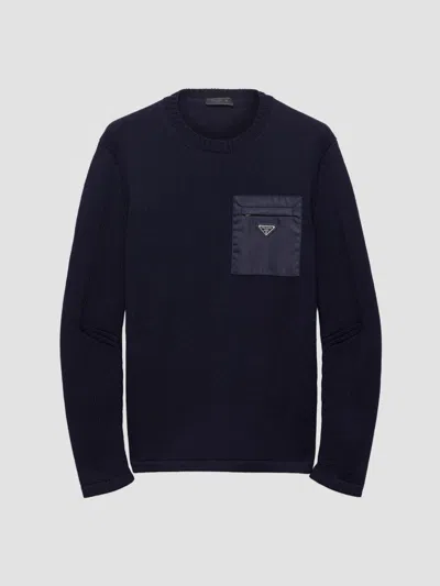 Prada Wool Sweater With Re-nylon Pocket In Blue