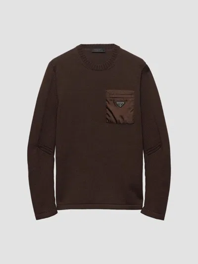 Prada Logo-patch Ribbed-sleeve Sweater In Brown