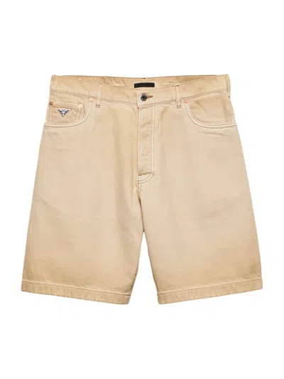 Prada Worn Bull-denim Bermudas In Beige Khaki