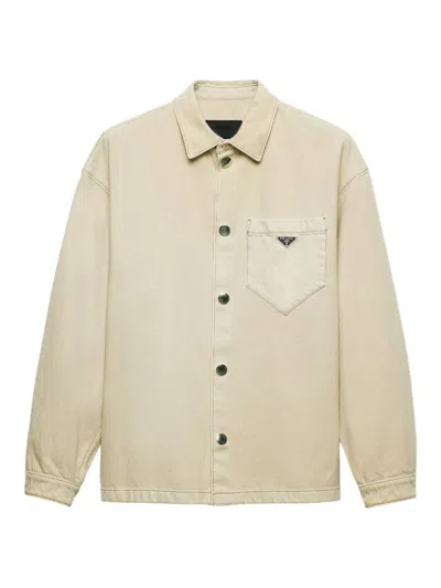 Prada Oversized Logo-plaque Organic-cotton Denim Shirt In Beige Khaki