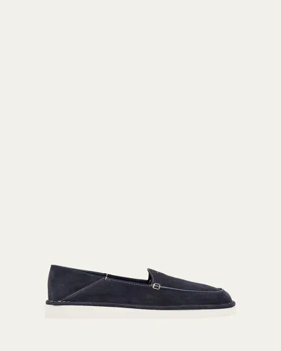 Prada Men's York Suede Logo Rubber-sole Loafers In Blue