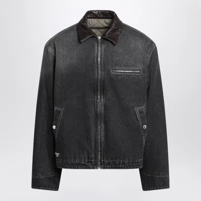 Prada Men's Zip-up Denim Jacket With Vintage Effect In Black
