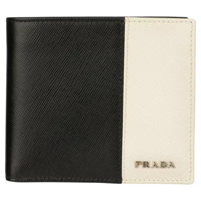 Pre-owned Prada Mens Bi-fold Black & Grey Saffiano Leather Wallet In Gray
