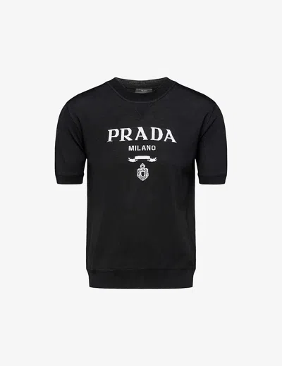PRADA MENS BLACK BRAND-KNIT CREWNECK WOOL JUMPER