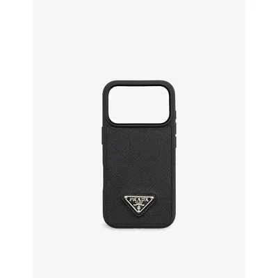PRADA MENS BLACK BRAND-PLAQUE LEATHER IPHONE 17 PRO PHONE CAS