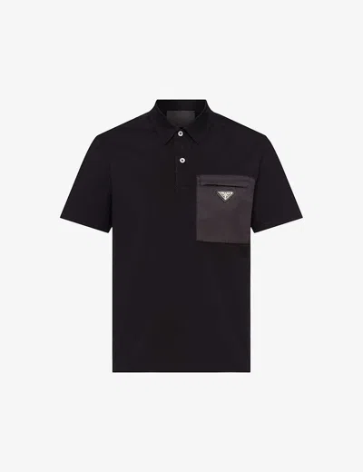 PRADA MENS BLACK BRAND-PLAQUE NYLON-POCKET STRETCH-COTTON POLO SHIRT XL