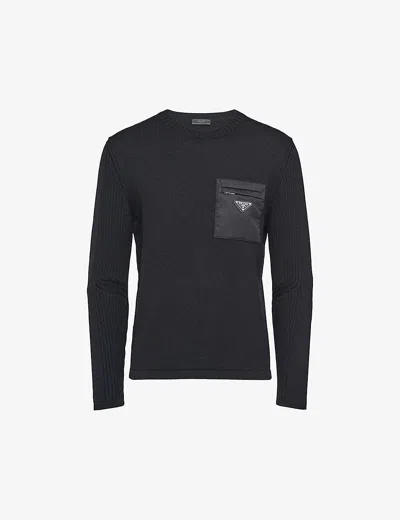 PRADA MENS BLACK BRAND-PLAQUE PATCH-POCKET WOOL JUMPER