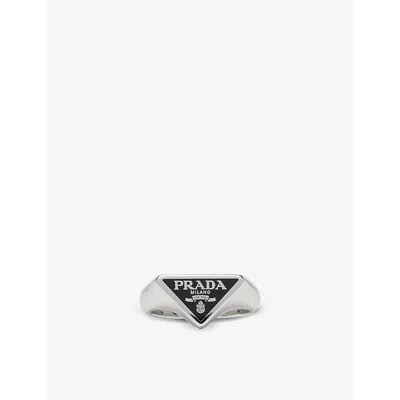 PRADA MENS PRADA BRAND-PLAQUE STERLING-SILVER RING