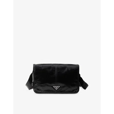 Prada Mens Black Branded-plaque Patent-leather Shoulder Bag