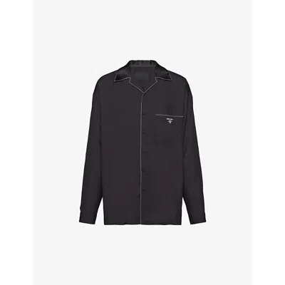 Prada Mens Black Contrast-piping Relaxed-fit Silk Shirt