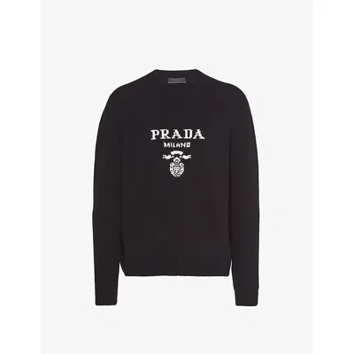 Prada Mens Black Intarsia-logo Crewneck Wool And Cashmere-blend Knitted Jumper