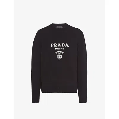 PRADA MENS PRADA INTARSIA-LOGO CREWNECK WOOL AND CASHMERE-BLEND KNITTED JUMPER