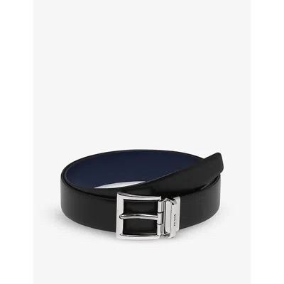 Prada Mens Black Logo-engraved Reversible Leather Belt In Blue
