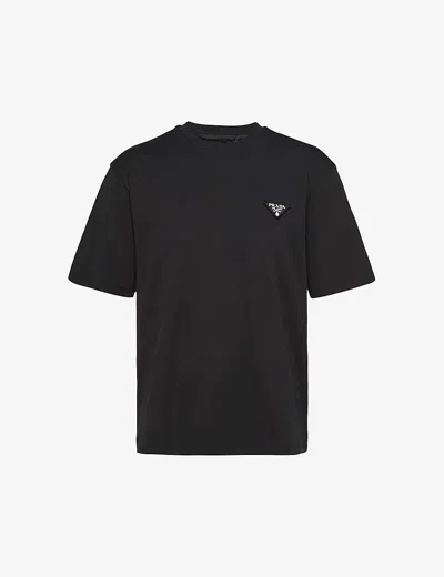 PRADA MENS BLACK LOGO-PATCH CREWNECK COTTON T-SHIRT XS