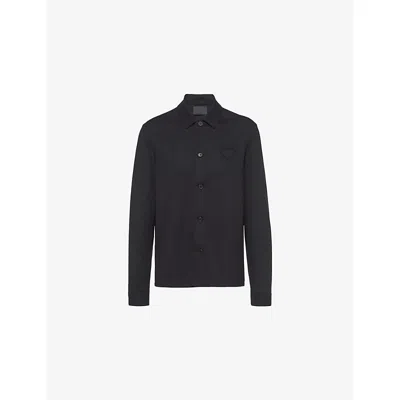 PRADA MENS BLACK LOGO-PATCH LONG-SLEEVE WOOL-CASHMERE SHIRT
