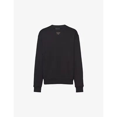 Prada Mens Black Logo-plaque Crewneck Relaxed-fit Cotton-jersey Sweatshirt