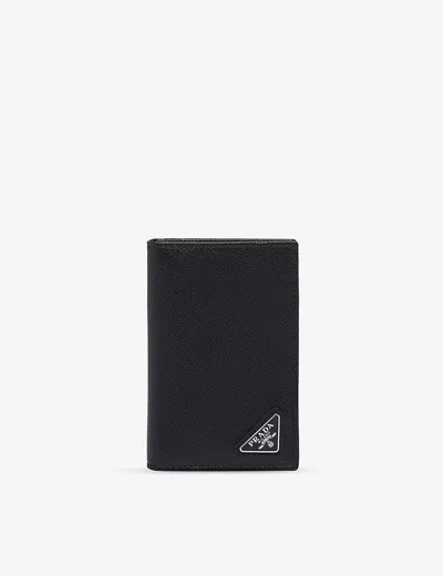 PRADA MENS BLACK LOGO-PLAQUE LEATHER BIFOLD WALLET