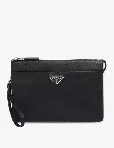 Prada Mens Black Logo-plaque Saffiano-leather Pouch