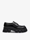 Prada Tread Sole Triangular Logo Plaque Leather Penny Loafers In Black
