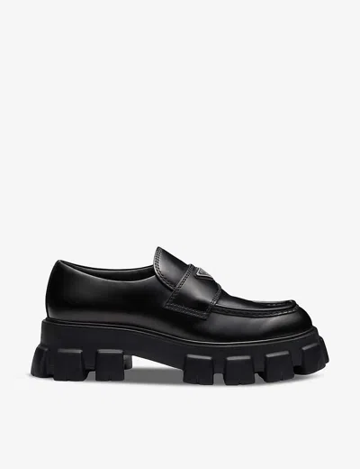 PRADA MENS PRADA MONOLITH LOGO-EMBELLISHED BRUSHED LEATHER LOAFERS