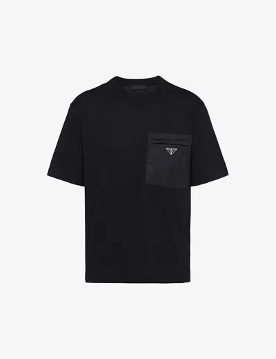 PRADA MENS BLACK RE-NYLON BRAND-PLAQUE COTTON AND NYLON T-SHIRT XL