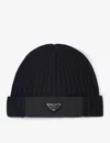 Prada Men's Cable-knit Logo Beanie Hat In Blue