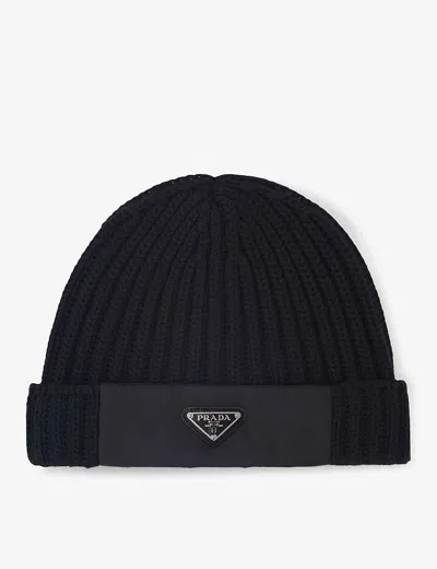 PRADA MENS BLACK RE-NYLON WOOL AND POLYAMIDE-BLEND BEANIE HAT XL