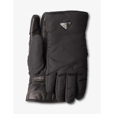 PRADA MENS PRADA TRIANGLE-LOGO LEATHER AND RE-NYLON GLOVES