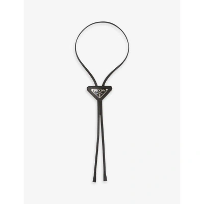 Prada Mens Black Triangular Logo-plaque Leather Bolo Tie In Black