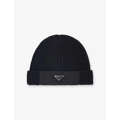 Prada Mens Black Wool And Re-nylon Beanie