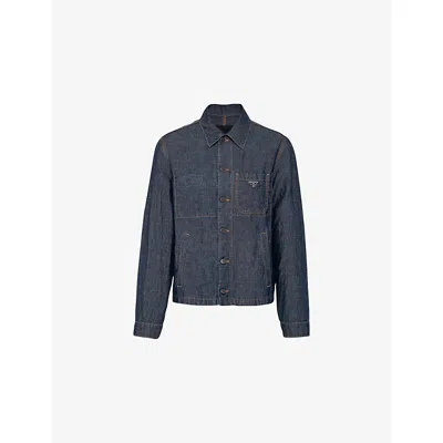 Prada Mens Blue Branded-plaque Chest-pocket Cotton-blend Jacket