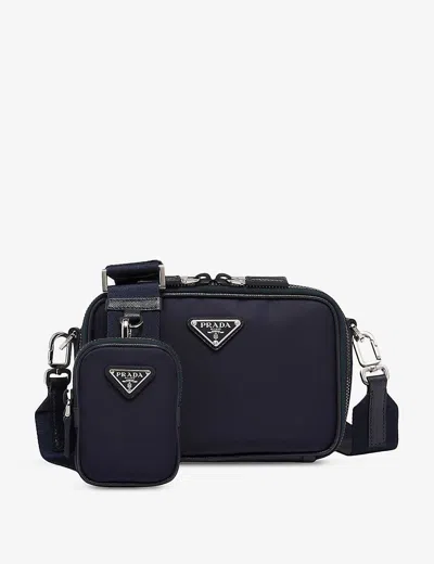 Prada Mens Blue Brique Leather And Nylon Shoulder Bag In Blue