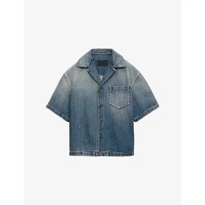 Prada Mens Blue Logo-embellished Denim Bowling Shirt Xl