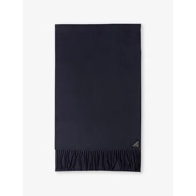 Prada Mens Blue Logo-plaque Fringed-trim Silk And Cashmere-blend Scarf