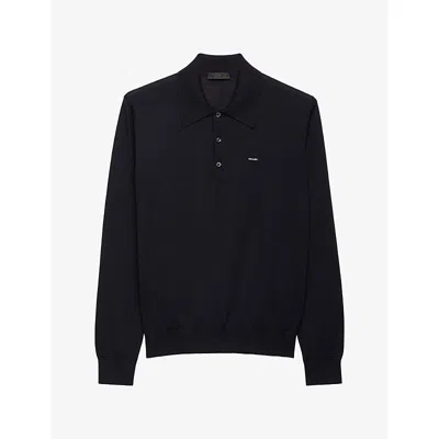 Prada Mens Blue Logo-embroidered Polo-collar Wool Jumper In Black