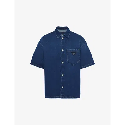 Prada Mens Blue Padded Faded-wash Boxy-fit Denim Shirt