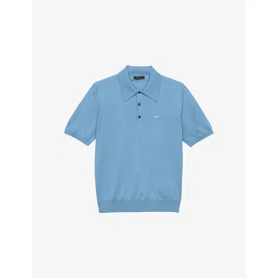 Prada Mens Blue Superfine Logo-embroidered Wool Polo Shirt