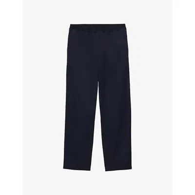 PRADA MENS BLUE TRIANGLE-APPLIQUÉ SLIM-FIT COTTON TROUSERS