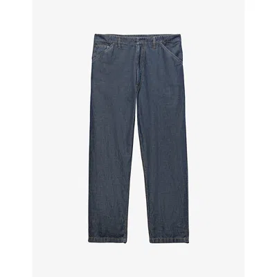 Prada Mens  Triangle-logo Relaxed Chambray Cotton-linen Trousers
