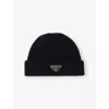 Prada Mens Blue Brand-plaque Cashmere And Wool-blend Beanie Hat In Blue