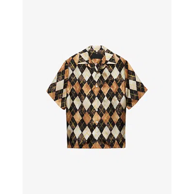 Prada Short-sleeved Argyle-pattern Silk Twill Shirt In Braun